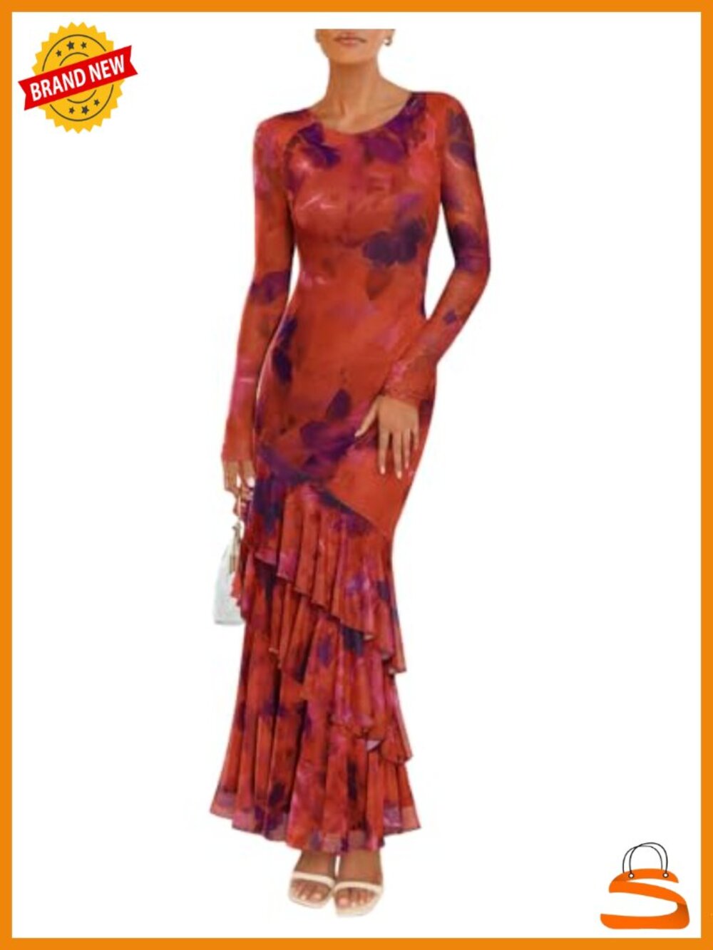 Women's Fall Floral Bodycon Maxi Dress Long Sleeve Mesh Formal